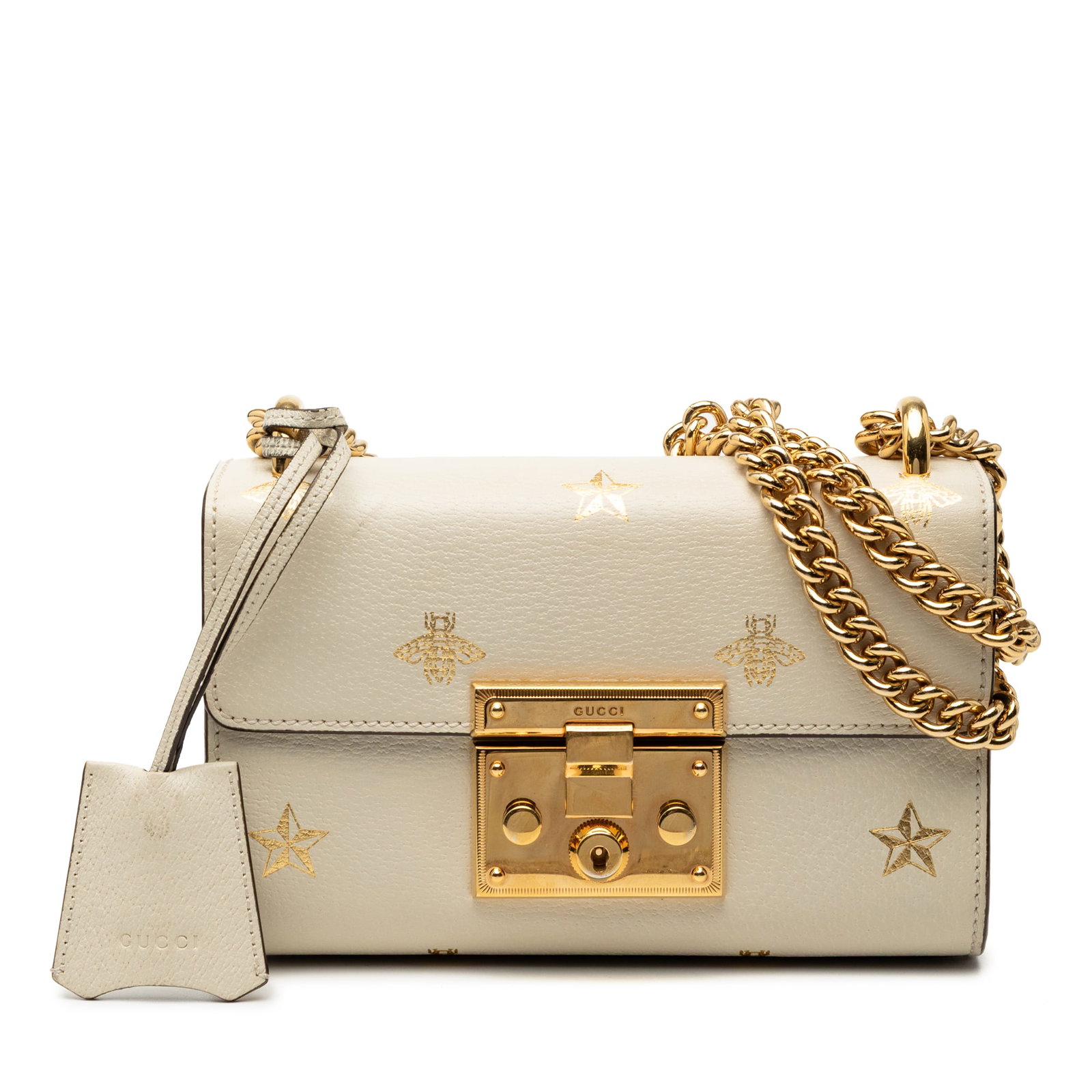 Gucci Bee Star Padlock Small White Leather Crossbody Bag: Gucci Bee Star Padlock Small White Leather Crossbody Bag This Gucci Small Leather Bee Star Padlock Crossbody bag is crafted from white leather and features a chain link shoulder strap, a front flap wi