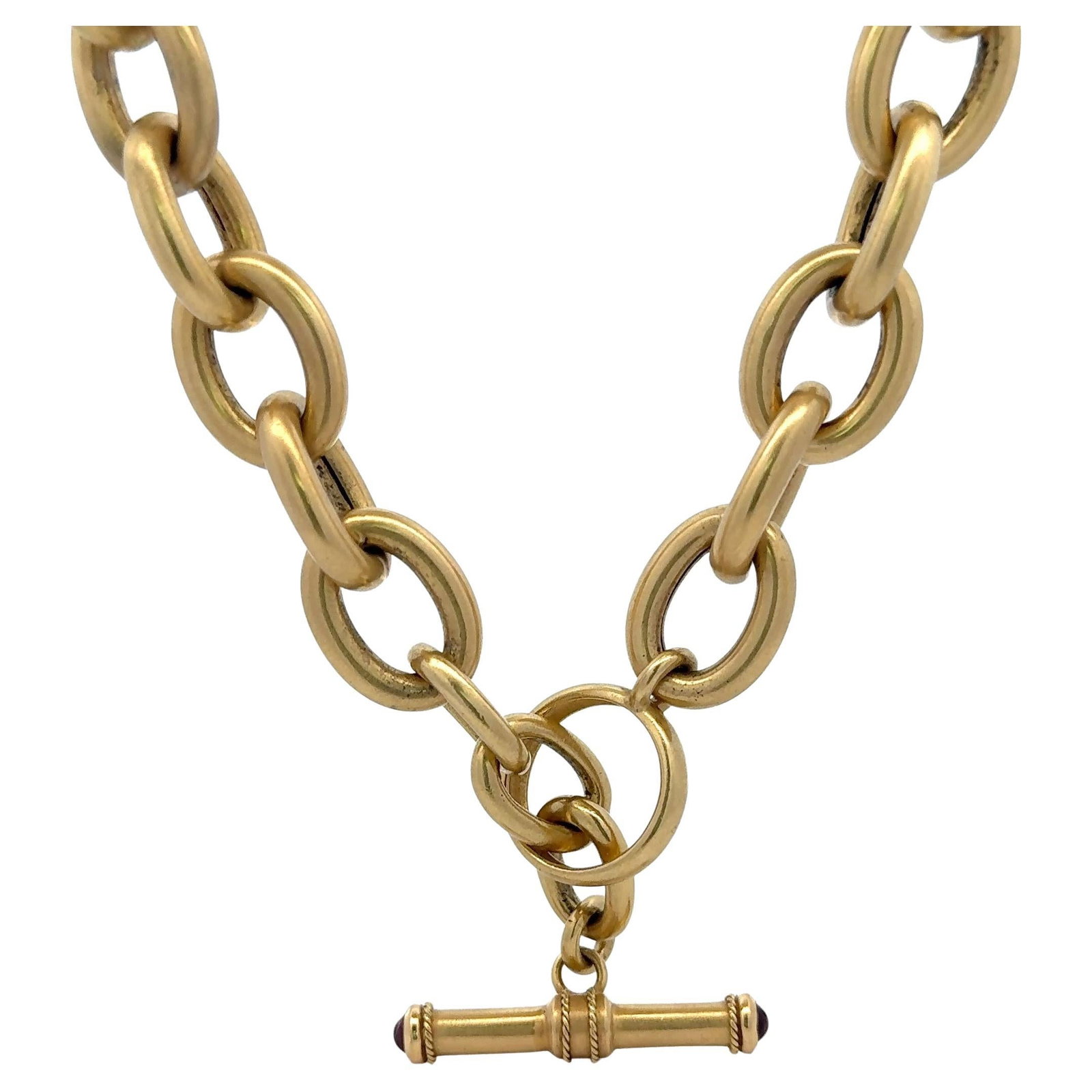 Harbor Diamonds 18K Yellow Gold Toggle Necklace with Rubies 79.8g: Harbor Diamonds 18K Yellow Gold Toggle Necklace with Rubies 79.8g This stunning 18 Karat yellow gold toggle necklace features a contemporary design with a brushed finish motif link. Weighing 79.8 gram