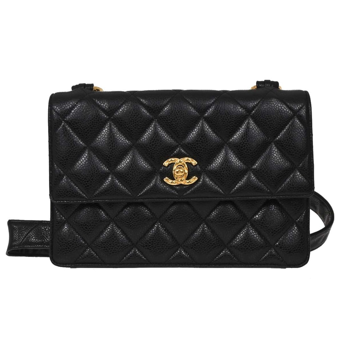 Chanel Caviar Leather Matelasse Black Small Shoulder Bag with Chain Strap: Chanel Caviar Leather Matelasse Black Small Shoulder Bag with Chain Strap This Chanel shoulder bag is crafted from black caviar skin leather and features a signature matelasse pattern. Designed with a