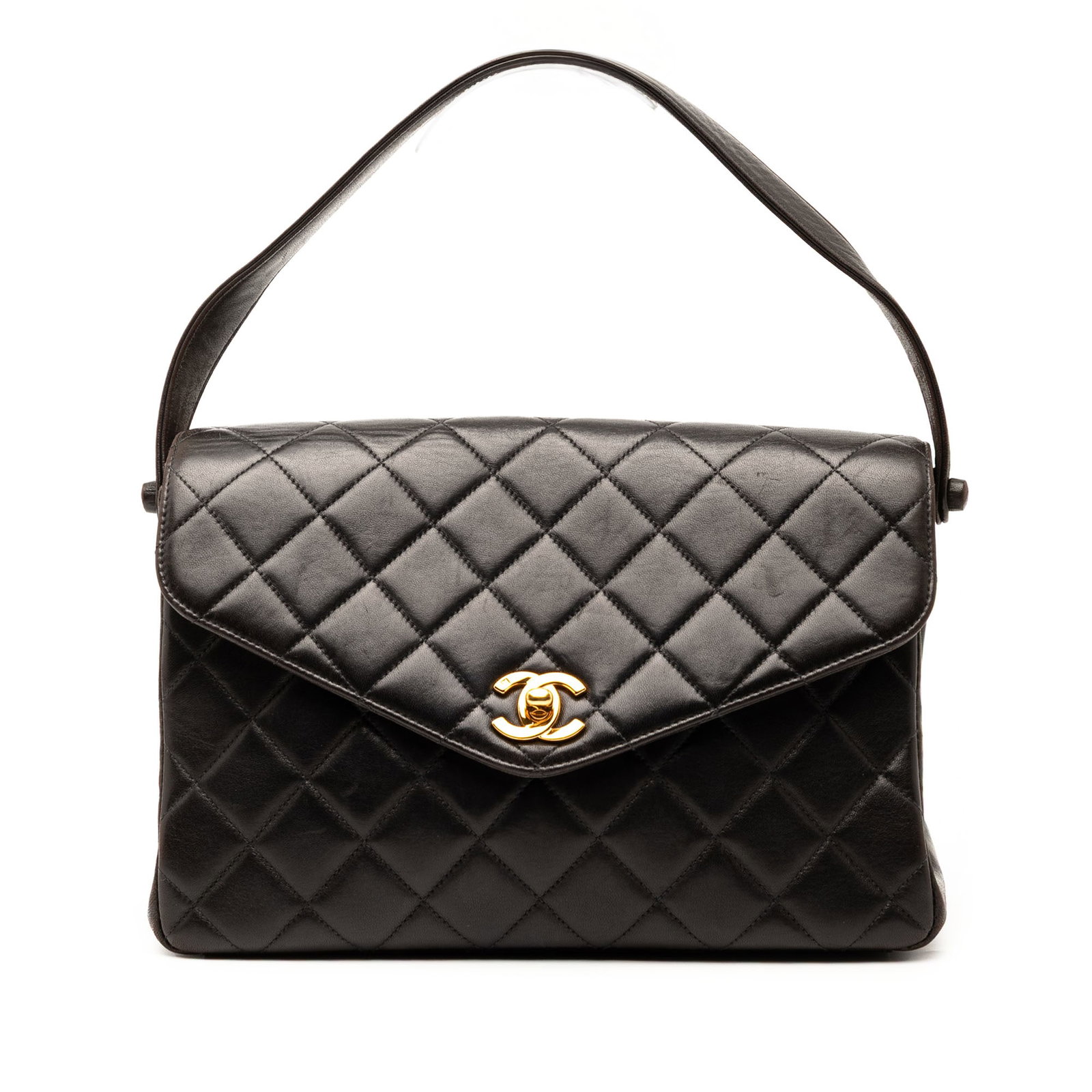 Chanel CC Quilted Lambskin Black Handbag with Flap Closure: Chanel CC Quilted Lambskin Black Handbag with Flap Closure This Chanel CC Quilted Lambskin Handbag showcases a luxurious quilted lambskin leather body in a classic black hue. It features a flat leathe
