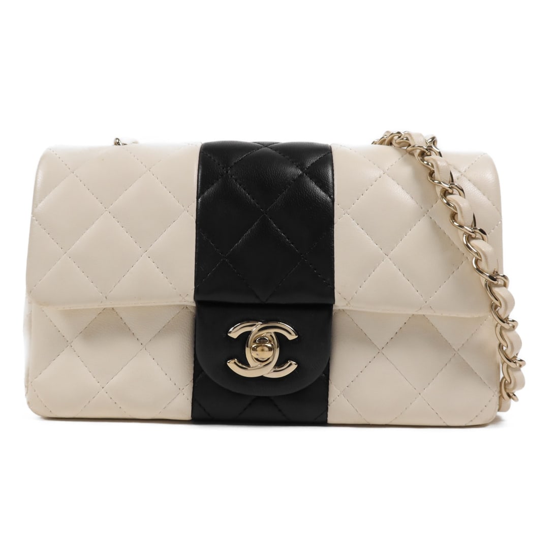 CHANEL Calfskin Leather Chain Shoulder Bag Beige Black GHW (1 of 18)