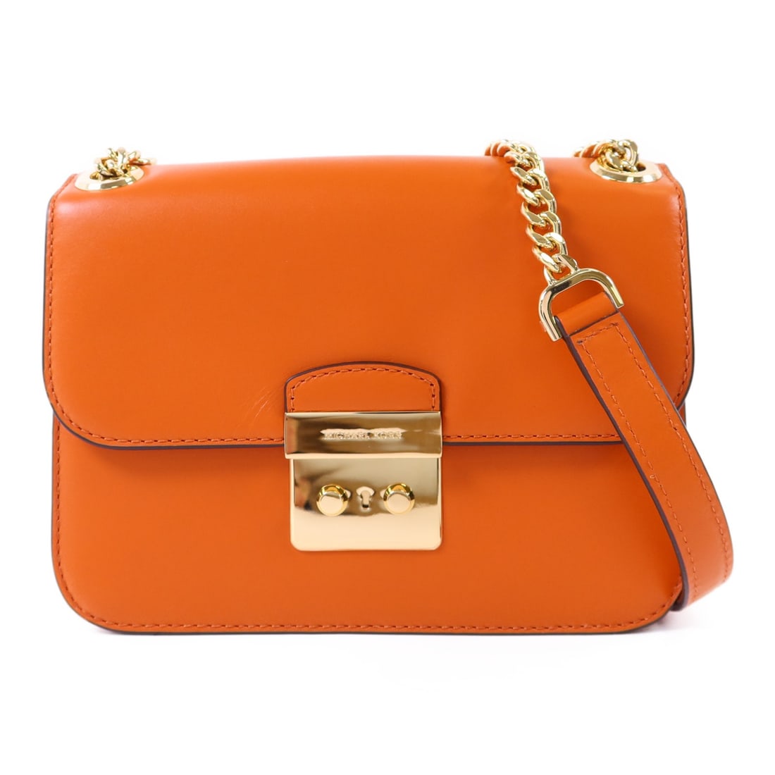 Michael Kors Orange Calfskin Chain Shoulder Bag with Gold Hardware: Michael Kors Orange Calfskin Chain Shoulder Bag with Gold Hardware This Michael Kors shoulder bag is crafted from orange calfskin leather and features a chain strap with gold tone hardware. It offers