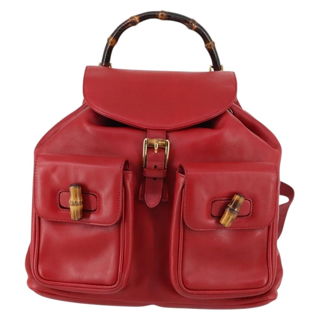 Gucci Bamboo Leather Backpack Red Vintage Design: Gucci Bamboo Leather Backpack Red Vintage Design This Gucci Vintage Bamboo Backpack features red leather construction with signature bamboo accents. Designed for women, the backpack offers a spacious