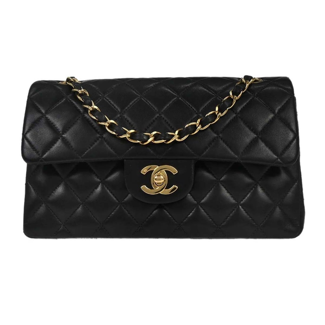 Small Classic Double Flap Black Lambskin Shoulder Bag by Chanel: Small Classic Double Flap Black Lambskin Shoulder Bag by Chanel This Chanel Classic Double Flap Shoulder Bag is crafted from black lambskin leather and features the iconic matelasse pattern. It has a 