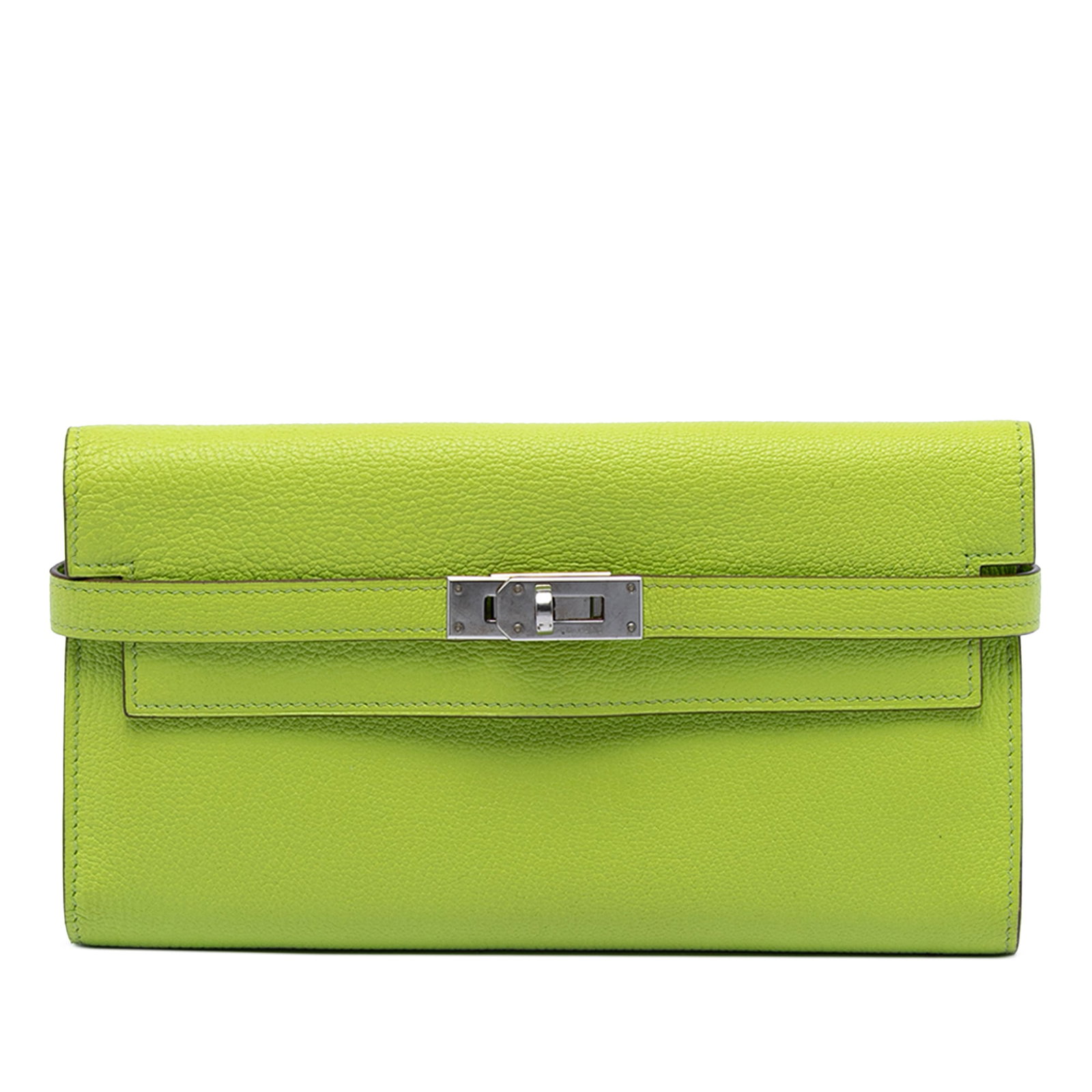 Hermes Kelly Longue Wallet in Green Kiwi Epsom Leather: Hermes Kelly Longue Wallet in Green Kiwi Epsom Leather This Hermes Kelly Longue wallet is crafted from Epsom leather in a vibrant Kiwi green hue. It features a front flap with a turn lock closure and