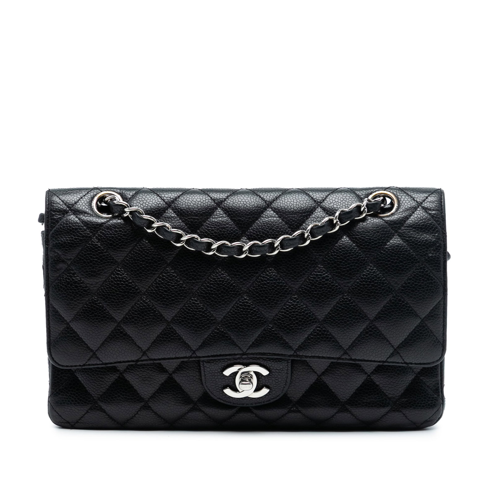 Black Quilted Leather Shoulder Bag Chanel Medium Double Flap: Black Quilted Leather Shoulder Bag Chanel Medium Double Flap This Chanel Medium Classic Double Flap shoulder bag is crafted from quilted caviar leather in black. It features leather-woven chain straps