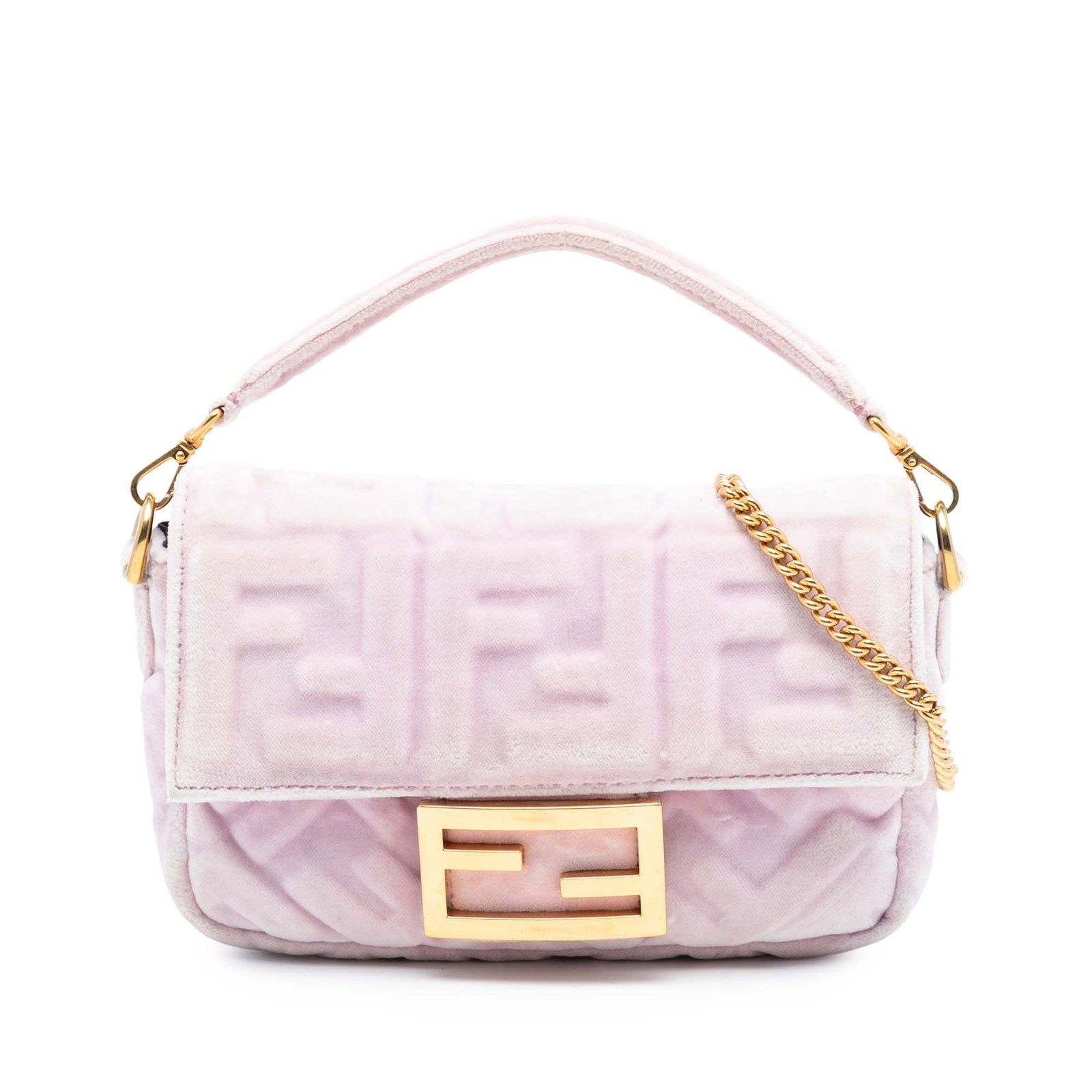 Fendi Pink Mini Zucca Velvet Baguette Bag with Detachable Strap: Fendi Pink Mini Zucca Velvet Baguette Bag with Detachable Strap This Fendi Mini Zucca Baguette Satchel features an embossed velvet body in pink, complemented by a detachable flat handle and a detachab
