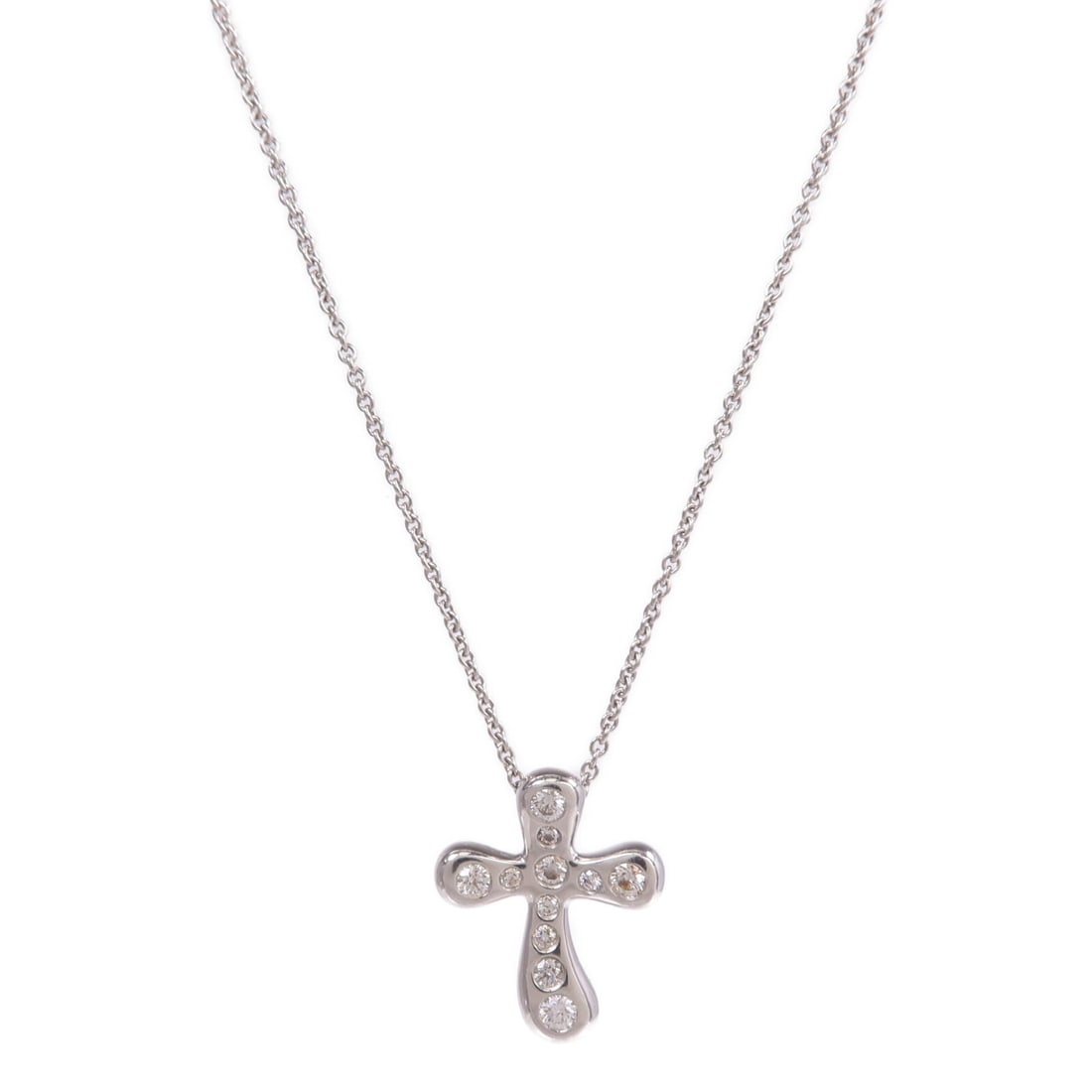 Elsa Peretti Platinum Cross Pendant Necklace with Diamond by Tiffany & Co.: Elsa Peretti Platinum Cross Pendant Necklace with Diamond by Tiffany & Co. This Tiffany & Co. Elsa Peretti necklace features a cross pendant set with diamonds, crafted from Pt950 platinum. Designed fo