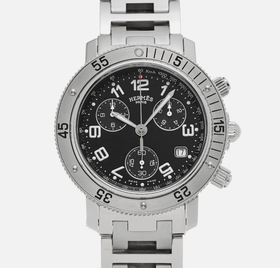 Clipper Diver Chronograph Watch Ref CL2.910 Black Dial 40mm: Clipper Diver Chronograph Watch Ref CL2.910 Black Dial 40mm The Hermes Clipper Diver Chronograph features a black dial and a 40mm stainless steel case. This watch is in very good condition and include