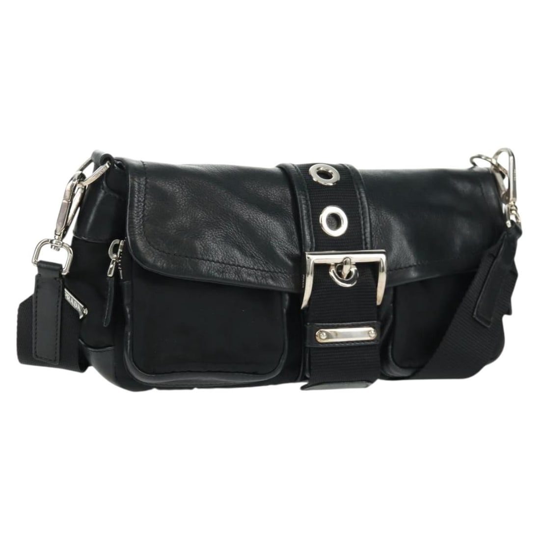 Black Nylon and Leather PRADA Shoulder Bag with Silver Hardware: Black Nylon and Leather PRADA Shoulder Bag with Silver Hardware This PRADA shoulder bag features a sleek black nylon exterior with silver-tone accents and leather details. Made in Italy, the bag inclu