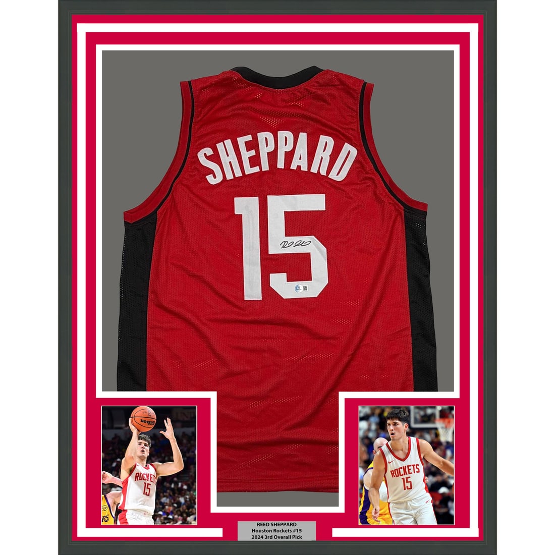 Reed Sheppard Signed Houston Rockets Jersey Framed 35x39 Beckett Authenticated (1 of 2)