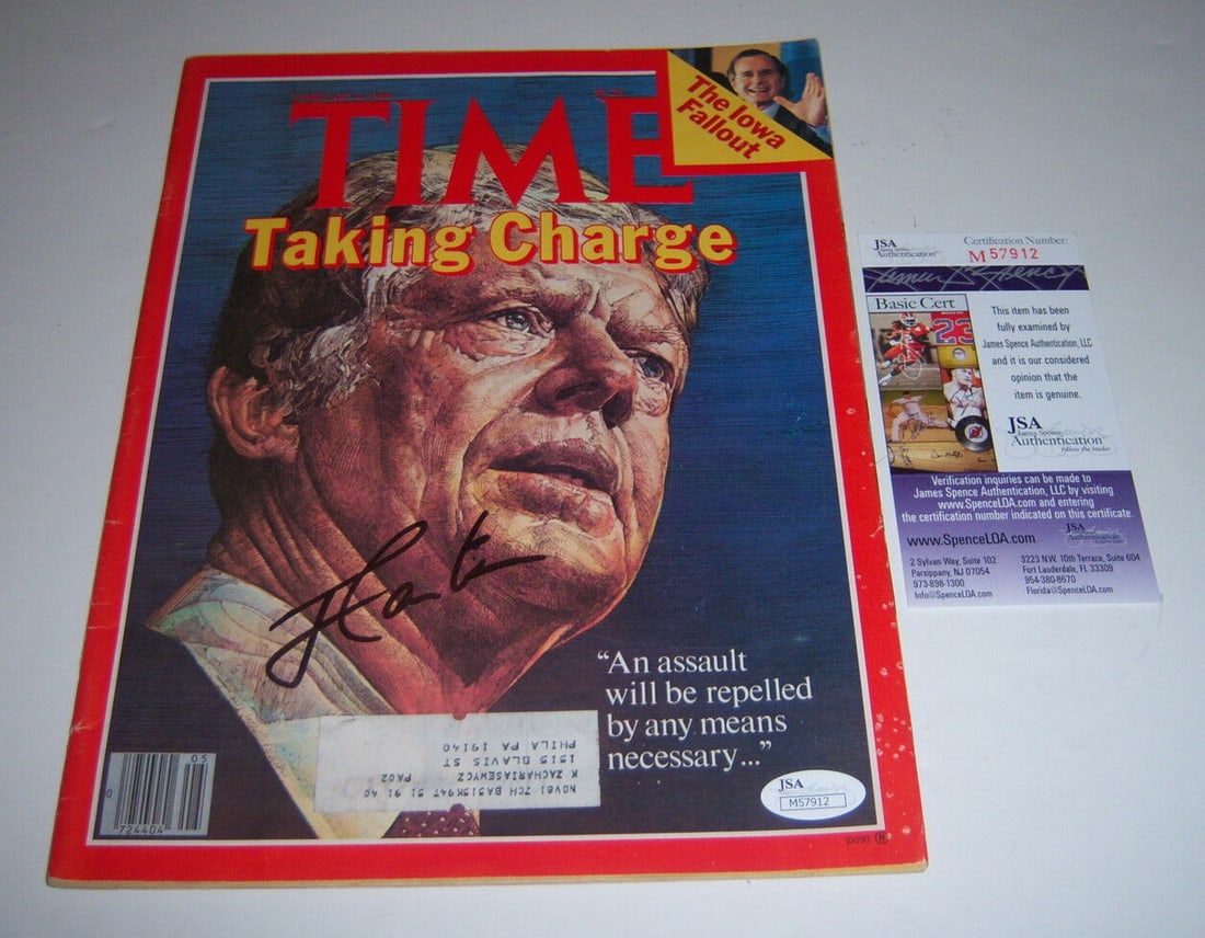 1980 Time Magazine Signed by President Jimmy Carter with JSA COA: 1980 Time Magazine Signed by President Jimmy Carter with JSA COA This is an original Time Magazine from 1980 featuring President Jimmy Carter, signed and accompanied by a JSA Certificate of Authentici