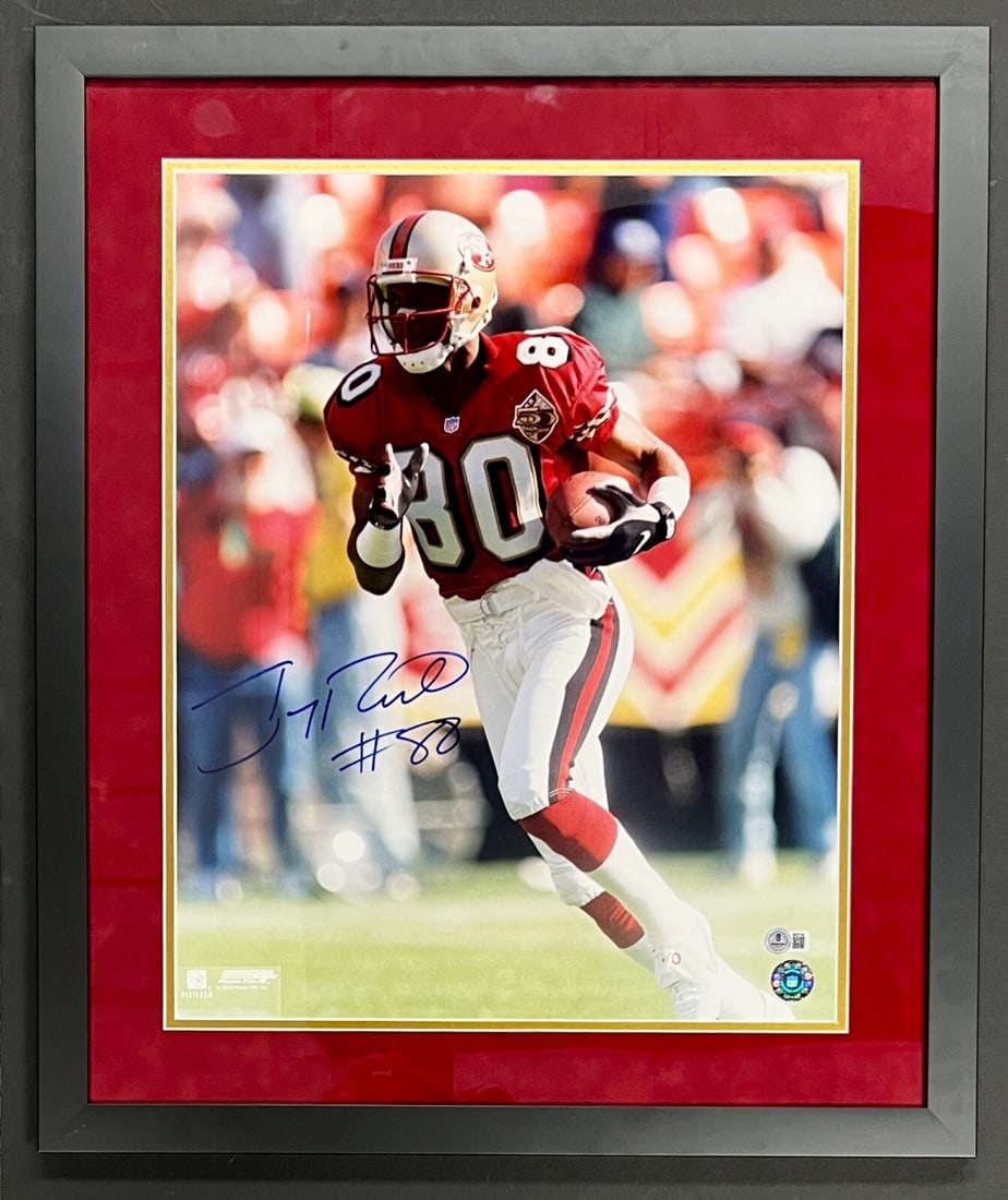 Jerry Rice Signed 16x20 Framed Photo San Francisco 49ers BAS Authenticated: Jerry Rice Signed 16x20 Framed Photo San Francisco 49ers BAS Authenticated This custom framed display features a stunning 16x20 photograph of football legend Jerry Rice, signed by the Hall of Famer hi
