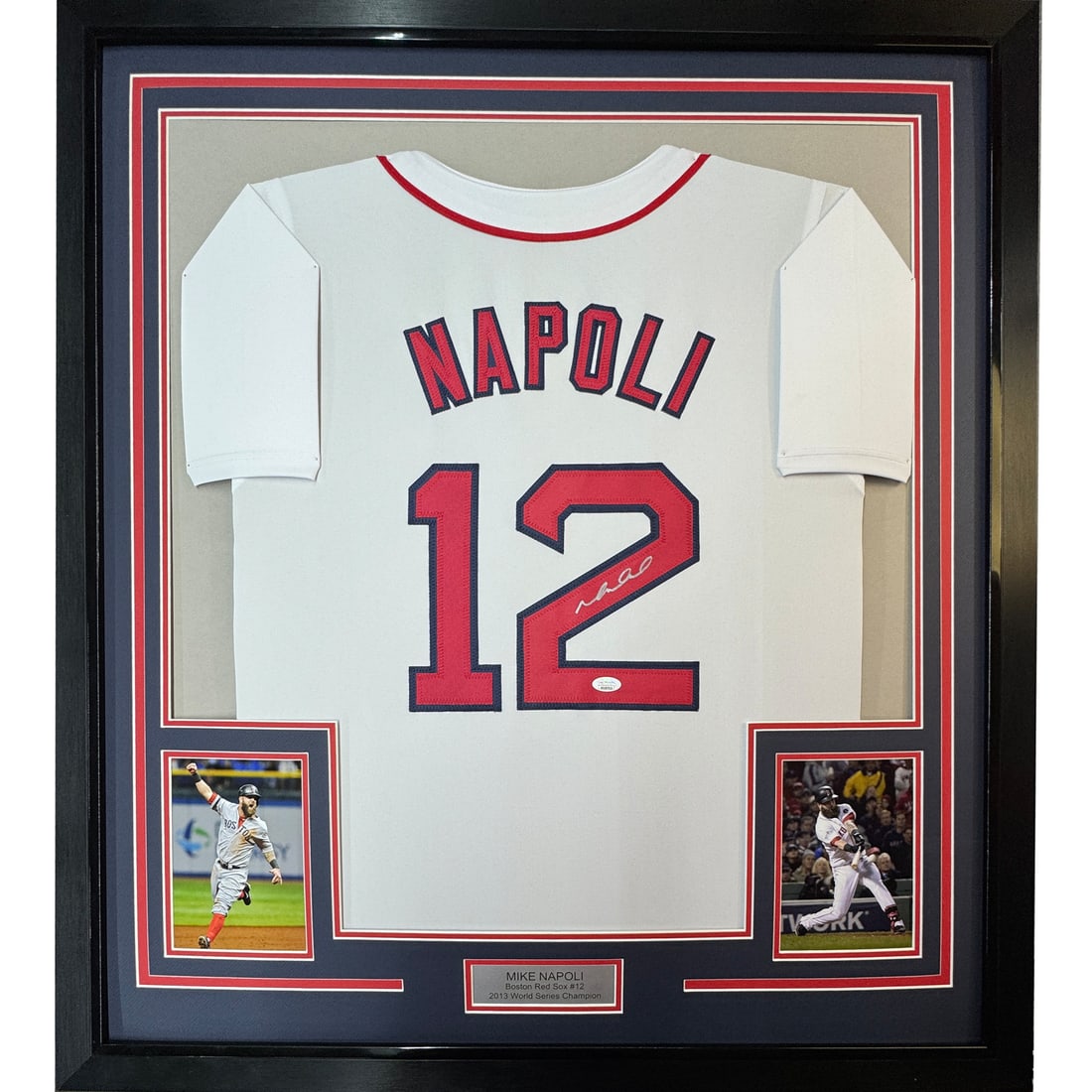 Framed Mike Napoli Signed Jersey Boston Red Sox with JSA COA 35x39: Framed Mike Napoli Signed Jersey Boston Red Sox with JSA COA 35x39 Celebrate the legacy of Mike Napoli with this professionally framed and matted Boston Red Sox white jersey, measuring 35x39 inches. T