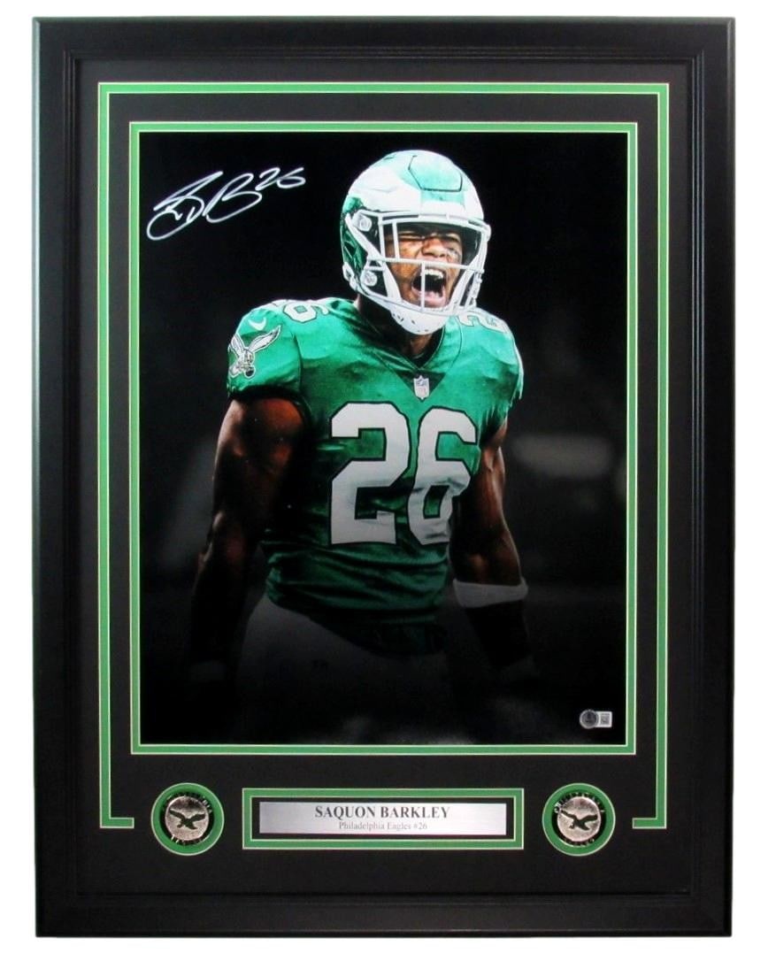 Framed 16x20 Philadelphia Eagles Photo Signed by Saquon Barkley Beckett Authenticated: Framed 16x20 Philadelphia Eagles Photo Signed by Saquon Barkley Beckett Authenticated This stunning 16x20 photo of Saquon Barkley is beautifully framed and features his authentic signature, making it