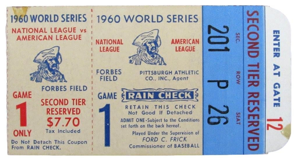 1960 World Series Game 1 Ticket Stub Pirates Yankees Clemente Maris Debut Signed: 1960 World Series Game 1 Ticket Stub Pirates Yankees Clemente Maris Debut Signed This original 1960 World Series Game 1 ticket stub features the historic matchup between the Pittsburgh Pirates and the