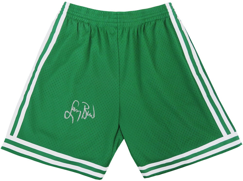 Larry Bird Signed Celtics 1985-86 M&N Basketball Shorts with Hologram: Larry Bird Signed Celtics 1985-86 M&N Basketball Shorts with Hologram Own a piece of basketball history with these signed Boston Celtics green 1985-86 style Mitchell and Ness NBA basketball shorts, pe