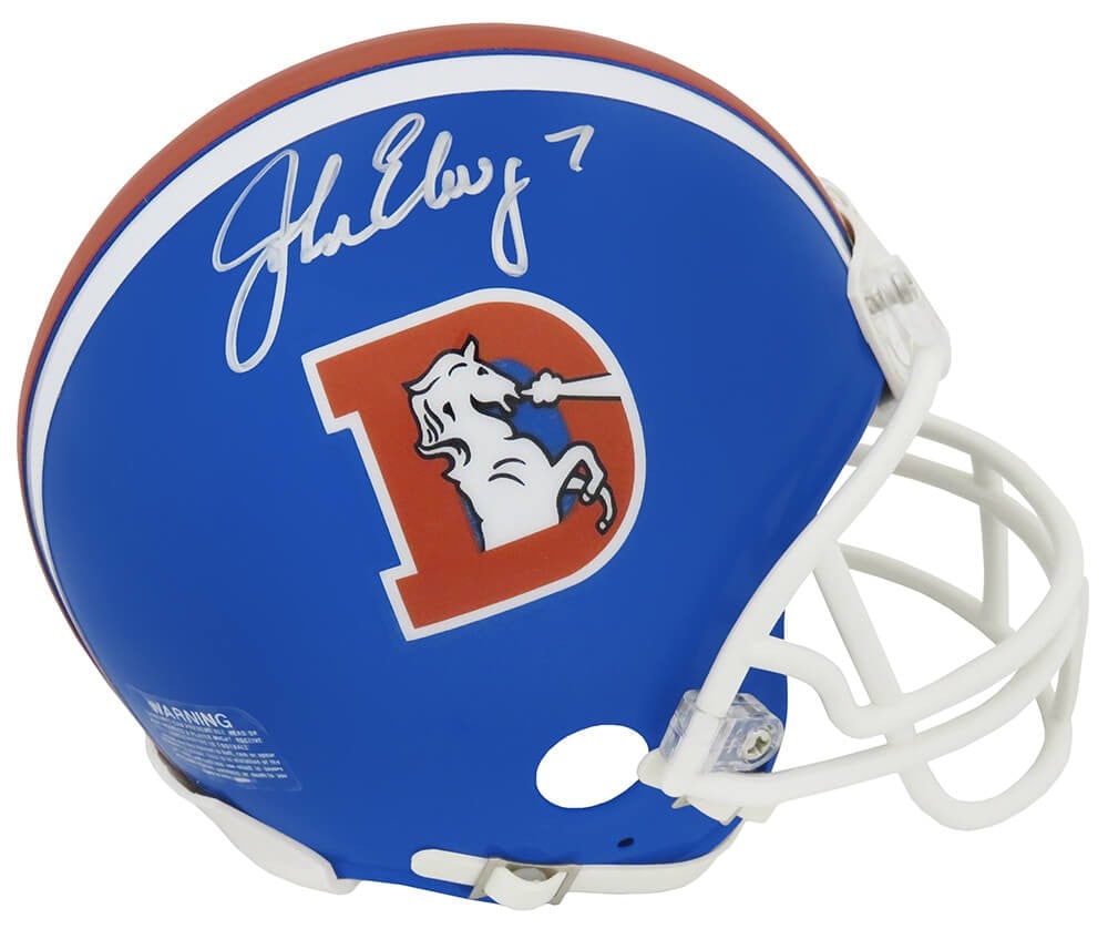 Denver Broncos Mini Helmet Autographed by John Elway with COA: Denver Broncos Mini Helmet Autographed by John Elway with COA This is a pre-owned Denver Broncos throwback 'D' logo Riddell (VSR4) mini helmet signed by Hall of Famer John Elway. The autograph is auth