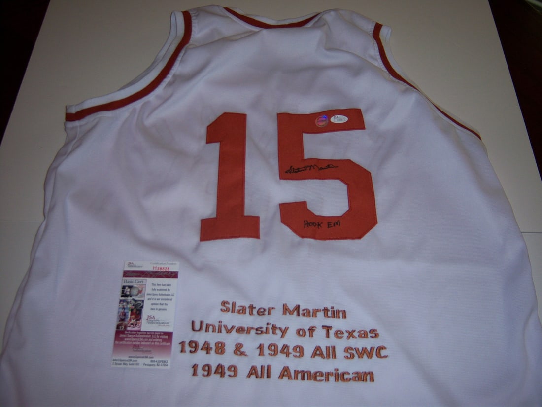 Slater Martin Signed Jersey Texas Longhorns Minneapolis Lakers JSA COA: Slater Martin Signed Jersey Texas Longhorns Minneapolis Lakers JSA COA This is an original, pre-owned signed jersey from Hall of Famer Slater Martin, showcasing his affiliation with the Texas Longhorn