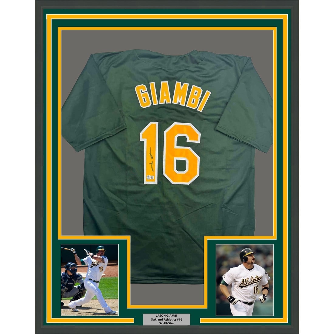 Jason Giambi Signed Oakland Athletics Jersey Framed With Photos Beckett COA 35x39: Jason Giambi Signed Oakland Athletics Jersey Framed With Photos Beckett COA 35x39 This framed Oakland Athletics green jersey is autographed by Jason Giambi and authenticated by Beckett Grading Service