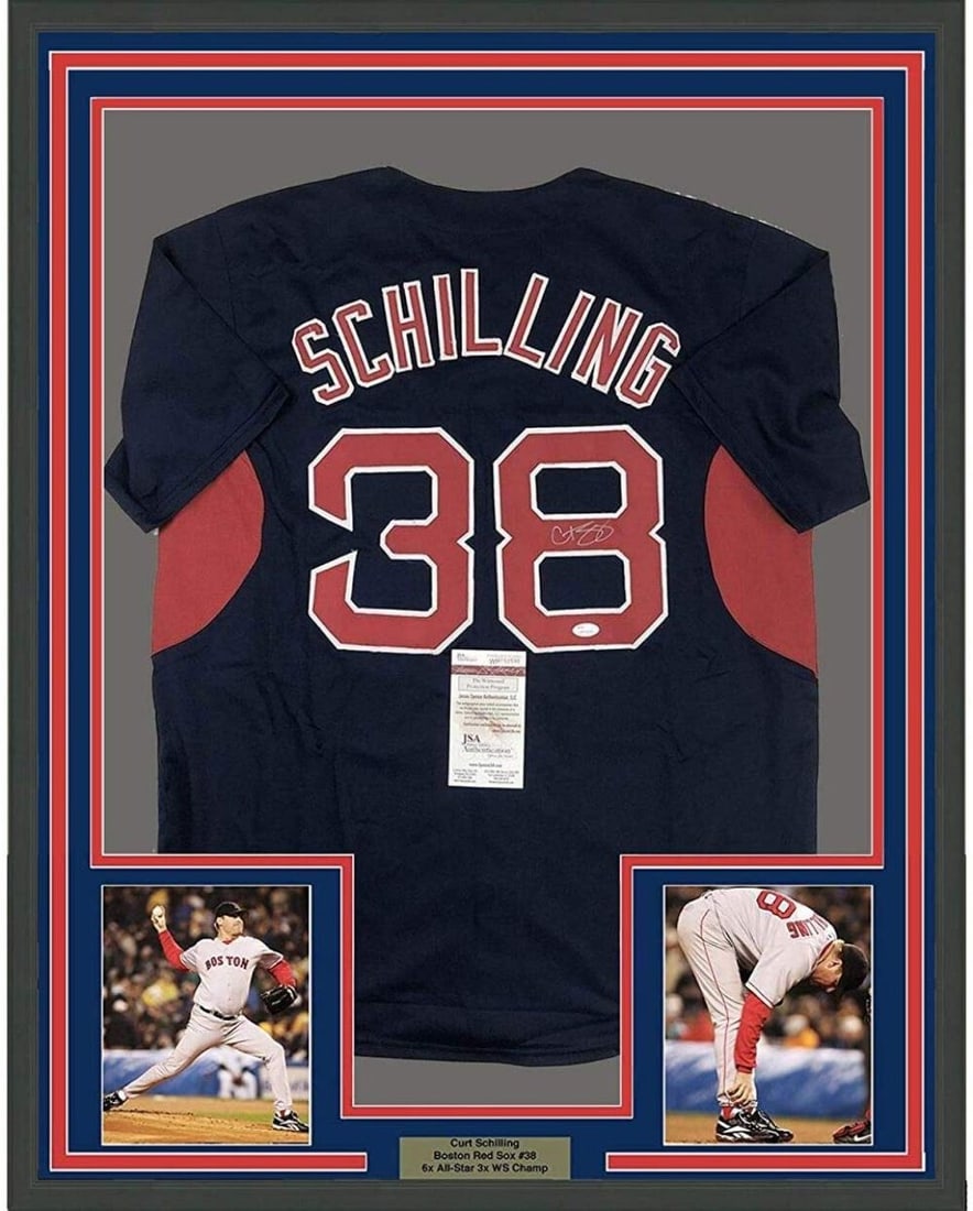Framed Autographed Curt Schilling Boston Red Sox Jersey JSA COA 33x42: Framed Autographed Curt Schilling Boston Red Sox Jersey JSA COA 33x42 Add a touch of baseball history to your collection with this professionally framed and autographed Curt Schilling Boston Red Sox j