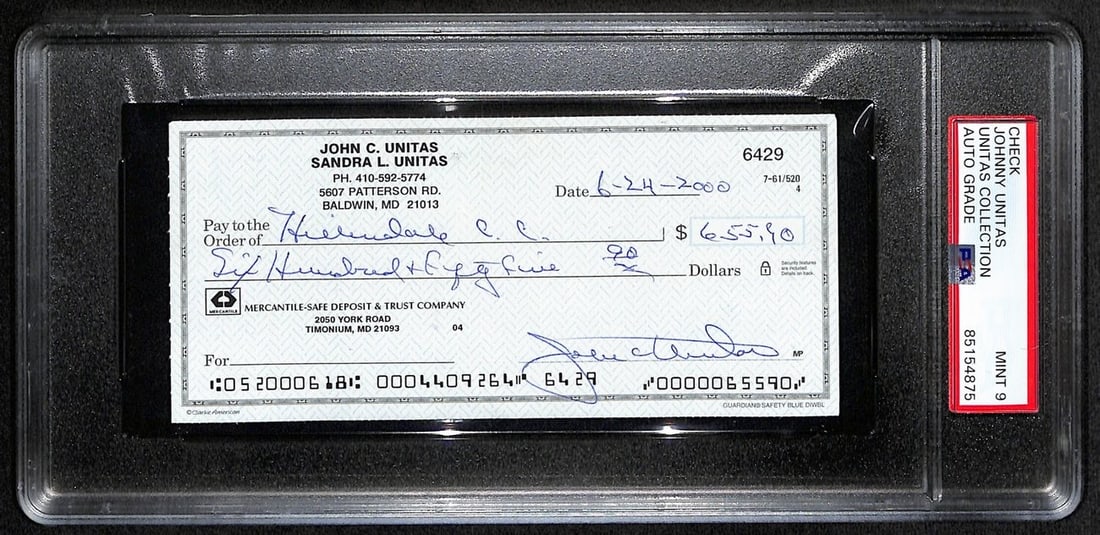Johnny Unitas Signed Check 6/24/00 PSA/DNA MINT 9 NFL: Johnny Unitas Signed Check 6/24/00 PSA/DNA MINT 9 NFL Offered is an original Johnny Unitas signed bank check dated June 24, 2000, from his time with the Baltimore Colts. This unique piece of memorabil