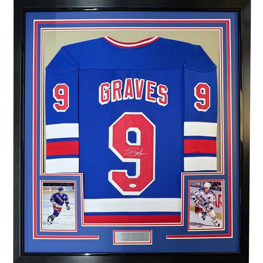 Framed Autographed Adam Graves Blue Jersey New York Rangers BAS COA: Framed Autographed Adam Graves Blue Jersey New York Rangers BAS COA This stunning framed autographed hockey jersey features Adam Graves, a celebrated player from the New York Rangers. The authentic je