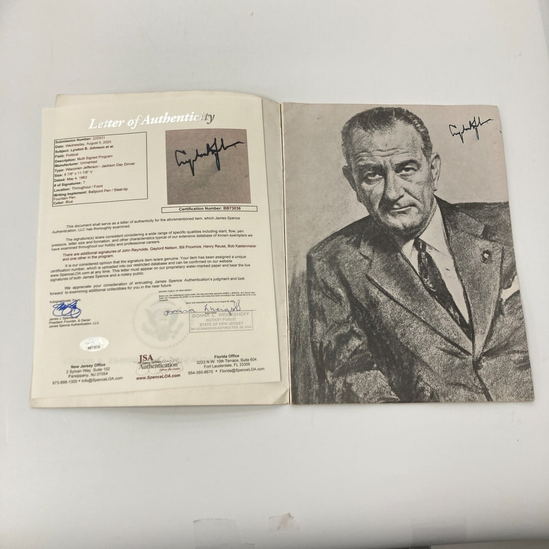 Lyndon B. Johnson Signed 1963 Program Photo with JSA COA: Lyndon B. Johnson Signed 1963 Program Photo with JSA COA This is a signed 1963 program photo by President Lyndon B. Johnson, accompanied by a full letter of authentication from James Spence Authentica