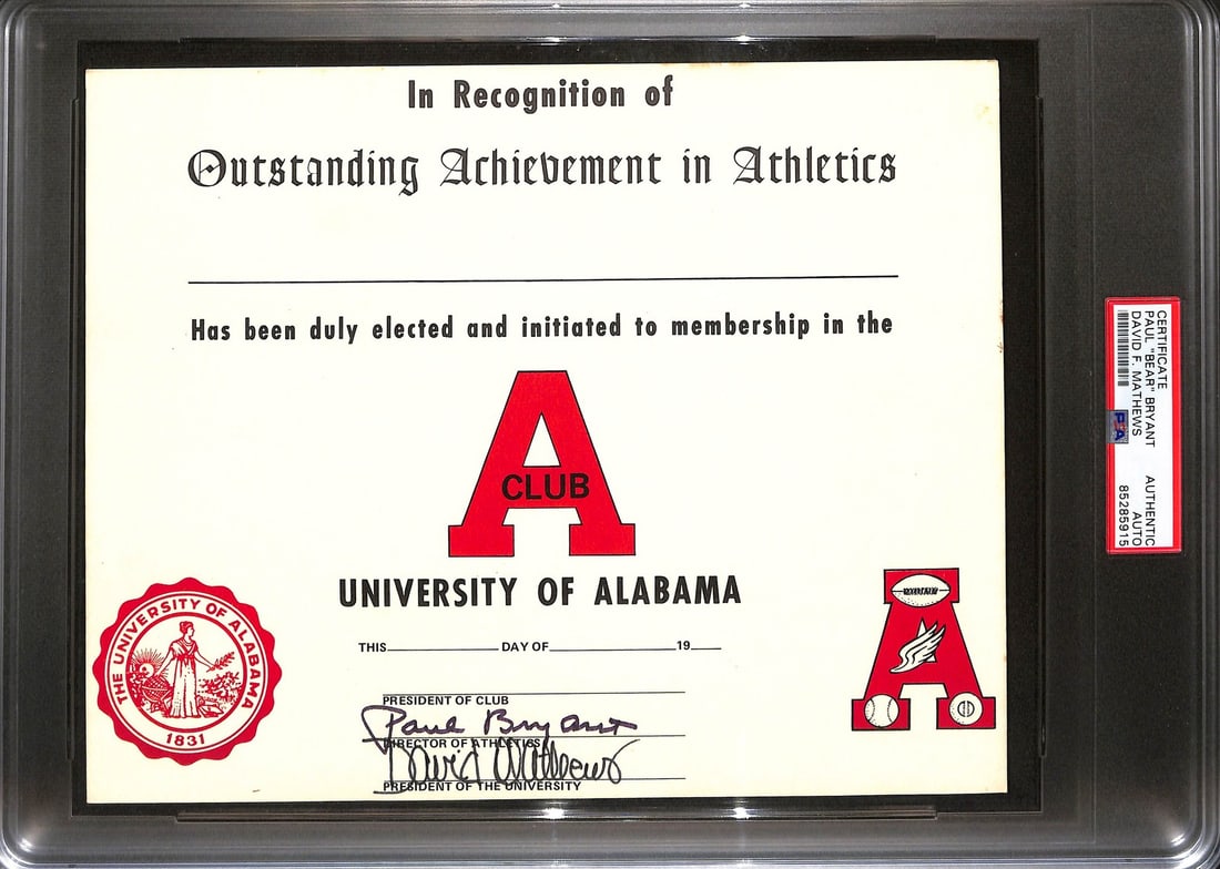 Paul Bear Bryant Autographed Alabama Achievement Certificate PSA/DNA: Paul Bear Bryant Autographed Alabama Achievement Certificate PSA/DNA Celebrate the legacy of Paul Bear Bryant with this original, autographed University of Alabama Athletics Achievement Certificate. T