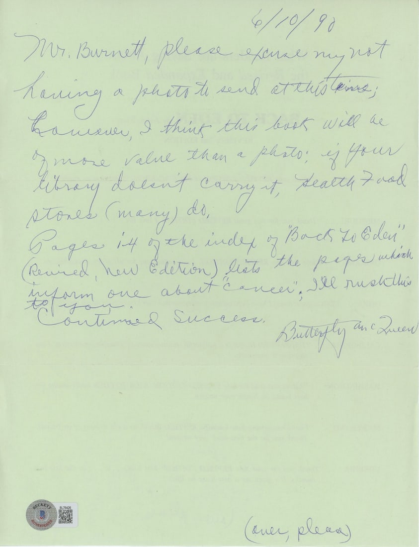Butterfly McQueen Signed Handwritten Letter with Beckett Authentication 8.5x11 (1 of 1)