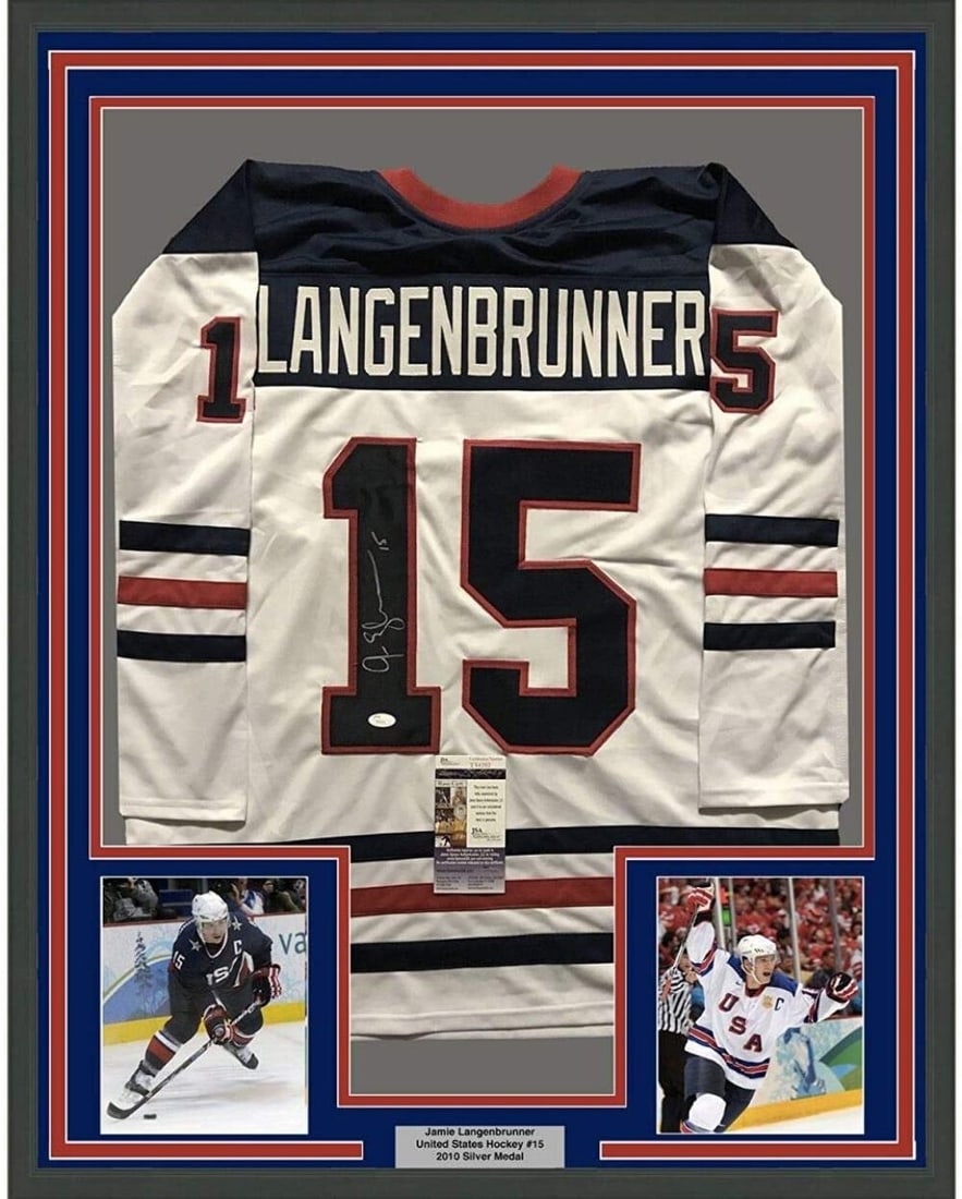 Framed Signed Jamie Langenbrunner USA Jersey with JSA COA 33x42: Framed Signed Jamie Langenbrunner USA Jersey with JSA COA 33x42 Celebrate the legacy of Jamie Langenbrunner with this framed and autographed USA White Jersey. Measuring 33" x 42", this eye-catching pi