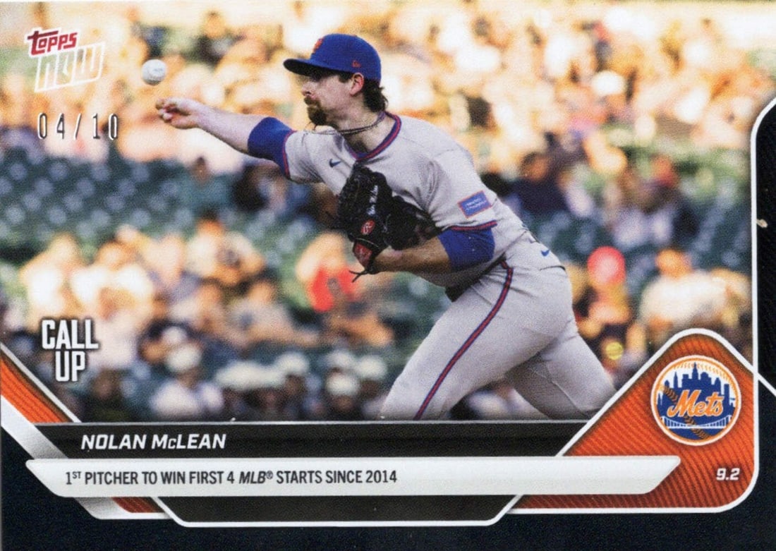 2025 Topps Now Nolan McLean #651 Black Foil /10 Mets RC Card: 2025 Topps Now Nolan McLean #651 Black Foil /10 Mets RC Card This is a 2025 Topps Now Nolan McLean #651 Black Foil baseball card, limited to only 10 copies. Featuring the rookie card (RC) of Nolan McL