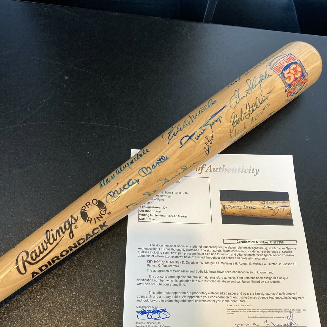 Hall of Fame Multi Signed Baseball Bat with JSA COA: Hall of Fame Multi Signed Baseball Bat with JSA COA Celebrate baseball history with this Rawlings Adirondack bat, featuring over 35 Hall of Fame signatures including legends such as Mickey Mantle, Ted