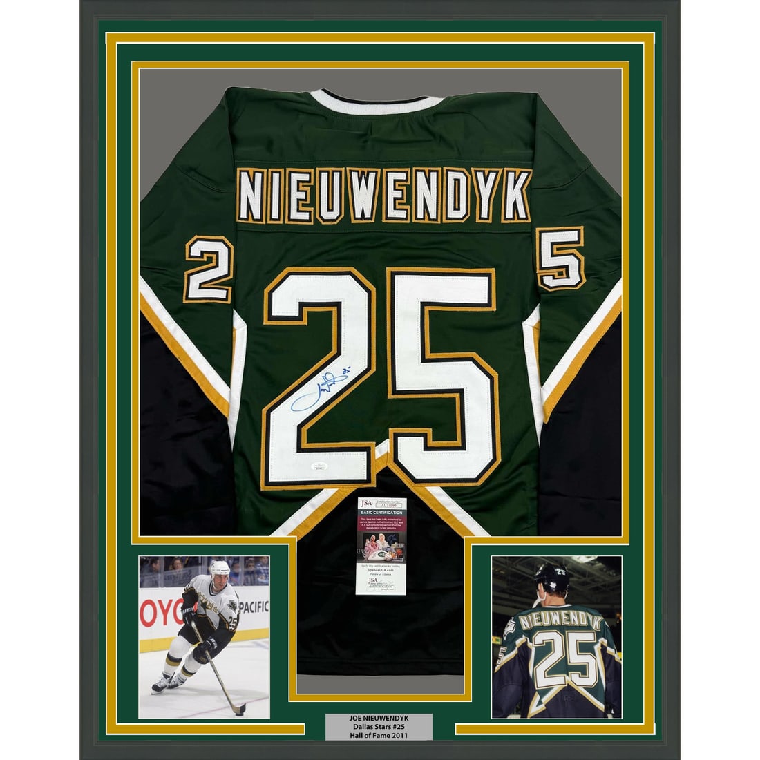 Framed Joe Nieuwendyk Autographed Dallas Stars Jersey with JSA COA 35x39: Framed Joe Nieuwendyk Autographed Dallas Stars Jersey with JSA COA 35x39 Celebrate the legacy of Joe Nieuwendyk with this professionally framed and autographed 35x39 Dallas Stars green jersey. This un