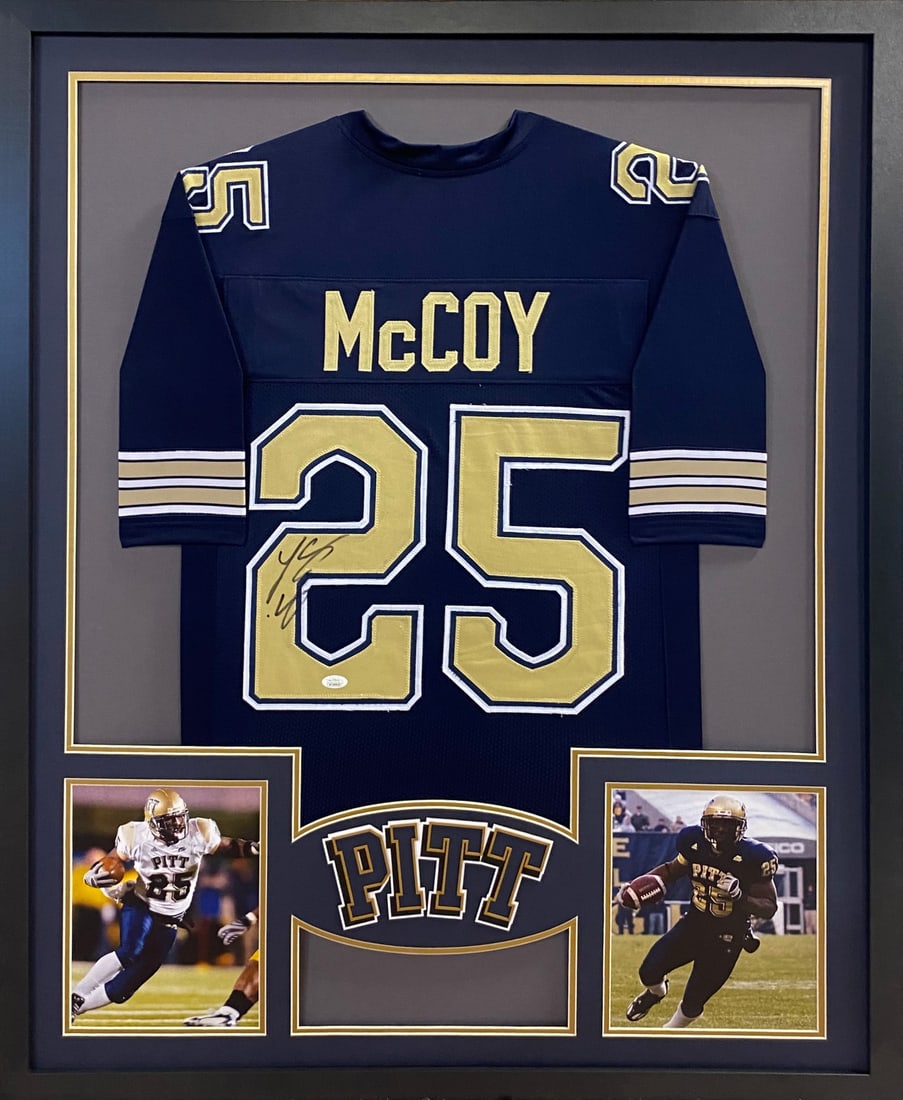 LeSean McCoy Autographed Framed Jersey JSA Certified Pitt Panthers Eagles: LeSean McCoy Autographed Framed Jersey JSA Certified Pitt Panthers Eagles This is an autographed LeSean McCoy framed jersey, showcasing his time with the Pitt Panthers and the Philadelphia Eagles. The
