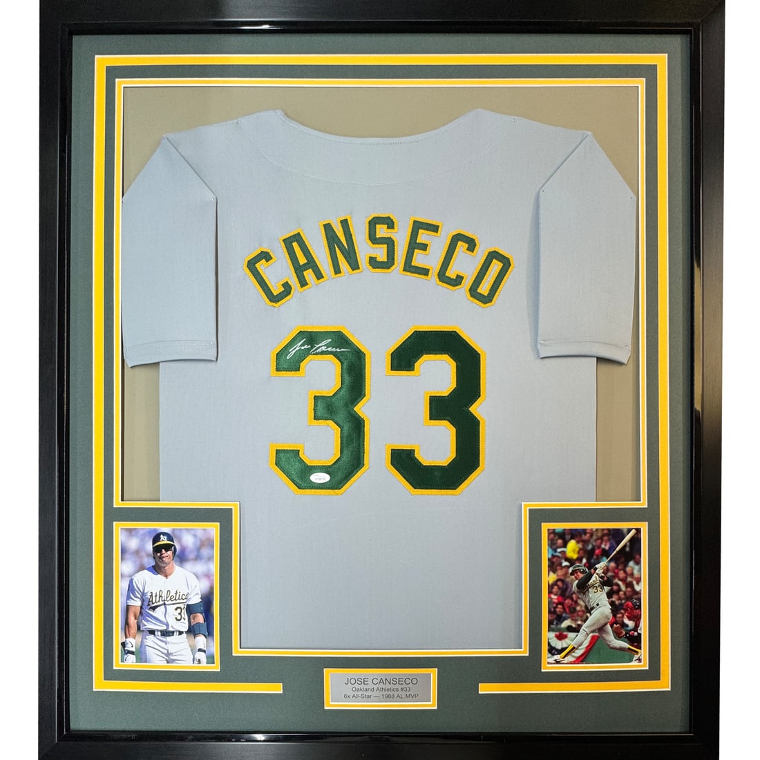 Framed Autographed Jose Canseco Jersey 33x42 Oakland Athletics JSA COA: Framed Autographed Jose Canseco Jersey 33x42 Oakland Athletics JSA COA Celebrate the legacy of Jose Canseco with this professionally framed, autographed Oakland Athletics jersey. The jersey measures 3