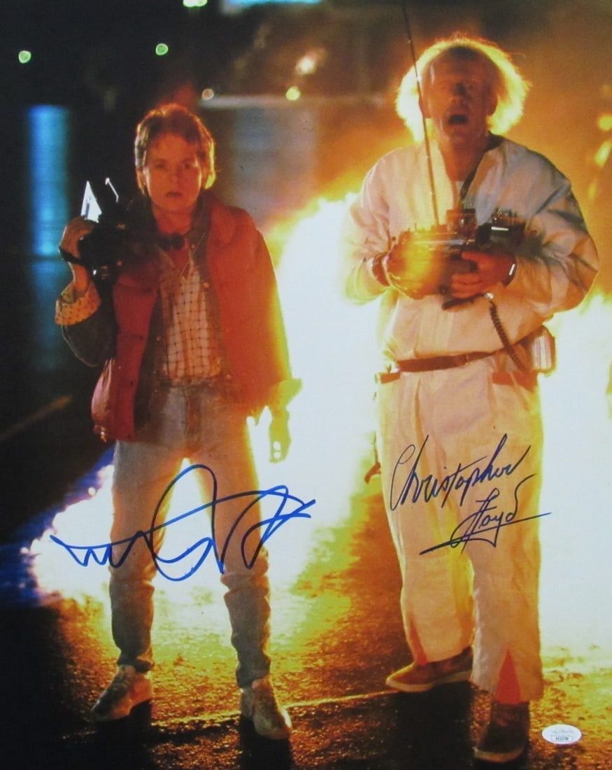 Michael J Fox Christopher Lloyd Autographed 16x20 Photo Back to the Future JSA Certified: Michael J Fox Christopher Lloyd Autographed 16x20 Photo Back to the Future JSA Certified This is an original autographed 16x20 photo featuring Michael J. Fox and Christopher Lloyd from the iconic film