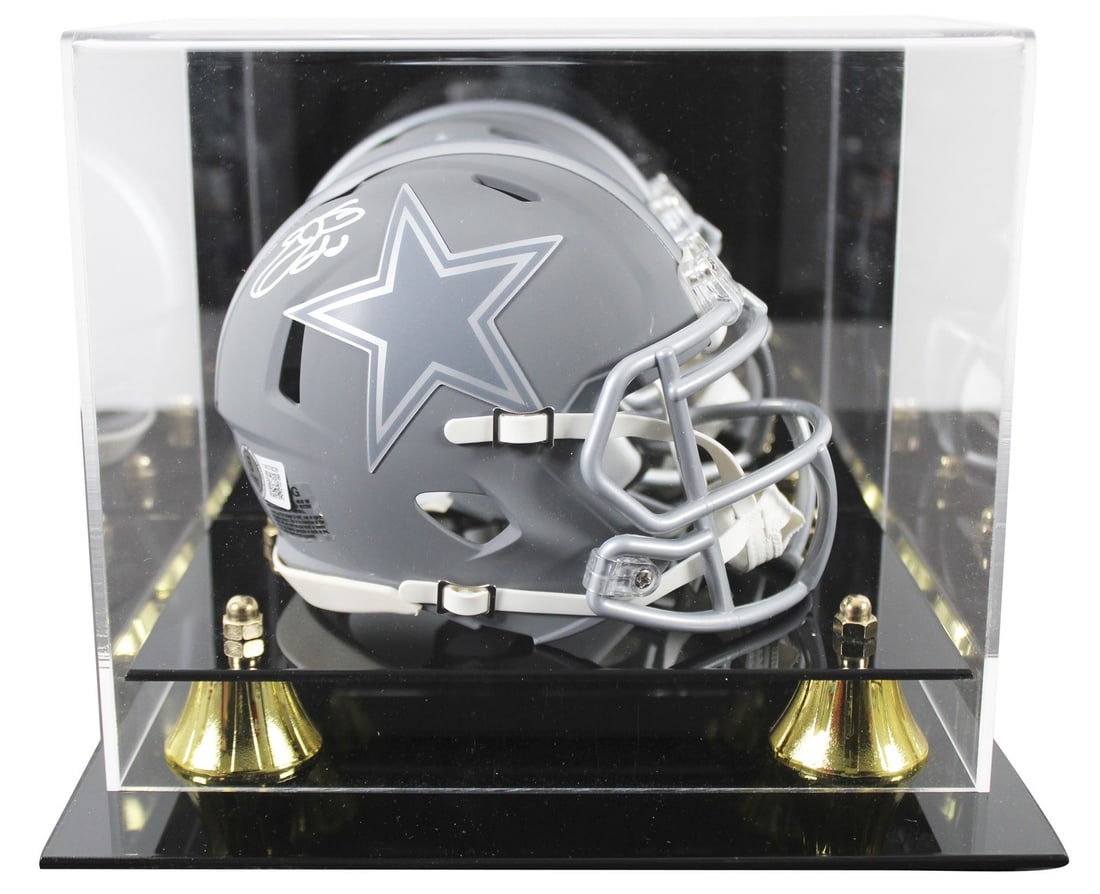 Emmitt Smith Autographed Mini Helmet with Display Case Beckett Authenticated: Emmitt Smith Autographed Mini Helmet with Display Case Beckett Authenticated This original Emmitt Smith signed alternate slate speed mini helmet is a must-have for any Dallas Cowboys fan. Personally s