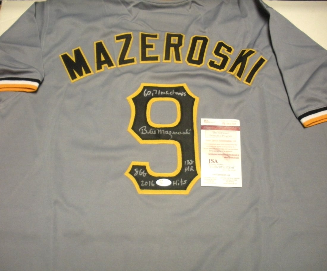 Bill Mazeroski Autographed Pittsburgh Pirates Jersey With Full Career Stats JSA COA: Bill Mazeroski Autographed Pittsburgh Pirates Jersey With Full Career Stats JSA COA This is a pre-owned Pittsburgh Pirates jersey signed by Bill Mazeroski. The jersey features full statistics and come
