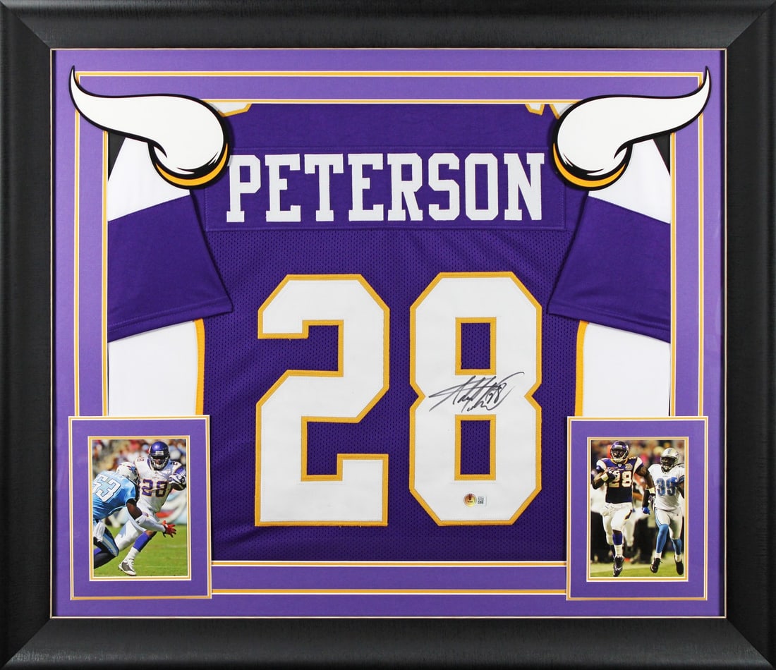 Framed Adrian Peterson Signed Purple Jersey Beckett Witness Minnesota Vikings: Framed Adrian Peterson Signed Purple Jersey Beckett Witness Minnesota Vikings This professionally framed purple pro style jersey has been personally signed by Adrian Peterson of the Minnesota Vikings.