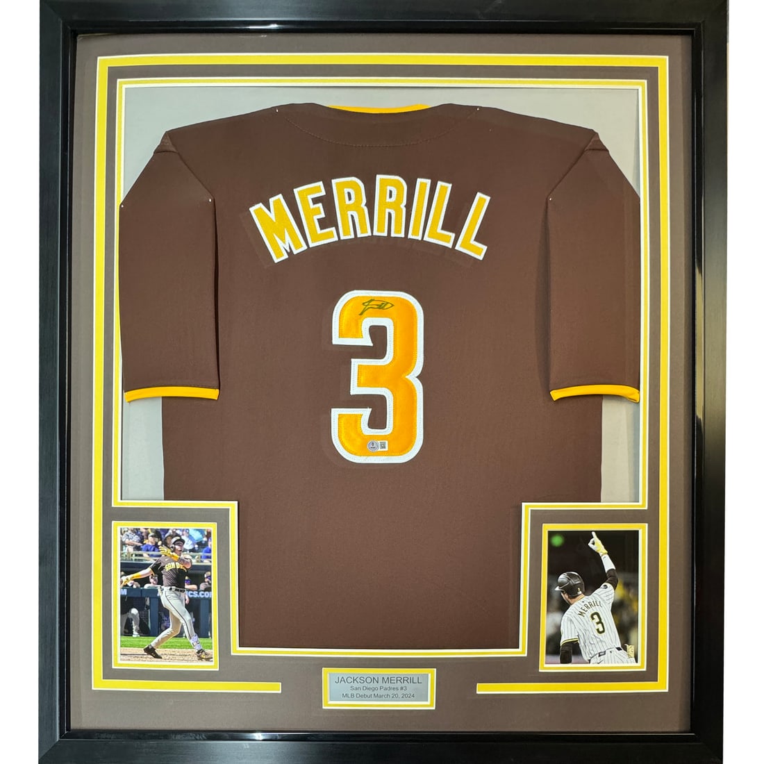 Framed Autographed Jackson Merrill San Diego Padres Jersey with BAS COA 35x39: Framed Autographed Jackson Merrill San Diego Padres Jersey with BAS COA 35x39 Celebrate your love for baseball with this professionally framed and autographed San Diego Padres jersey by Jackson Merril