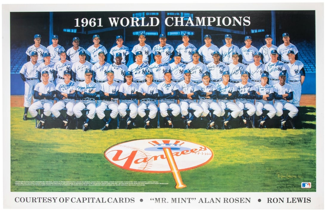 1961 Yankees Team Signed Lithograph Poster with Mantle Ford Berra JSA COA: 1961 Yankees Team Signed Lithograph Poster with Mantle Ford Berra JSA COA Celebrate the legacy of the 1961 New York Yankees with this stunning large lithograph poster, measuring 37 1/2 x 24 inches, fe