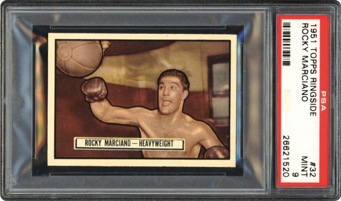 1951 Topps Ringside Rocky Marciano Rookie Card PSA 9 Mint JSA Authenticated Pop 3: 1951 Topps Ringside Rocky Marciano Rookie Card PSA 9 Mint JSA Authenticated Pop 3 Presenting a remarkable 1951 Topps Ringside Rocky Marciano Rookie Card, graded PSA 9 Mint, making it one of only three