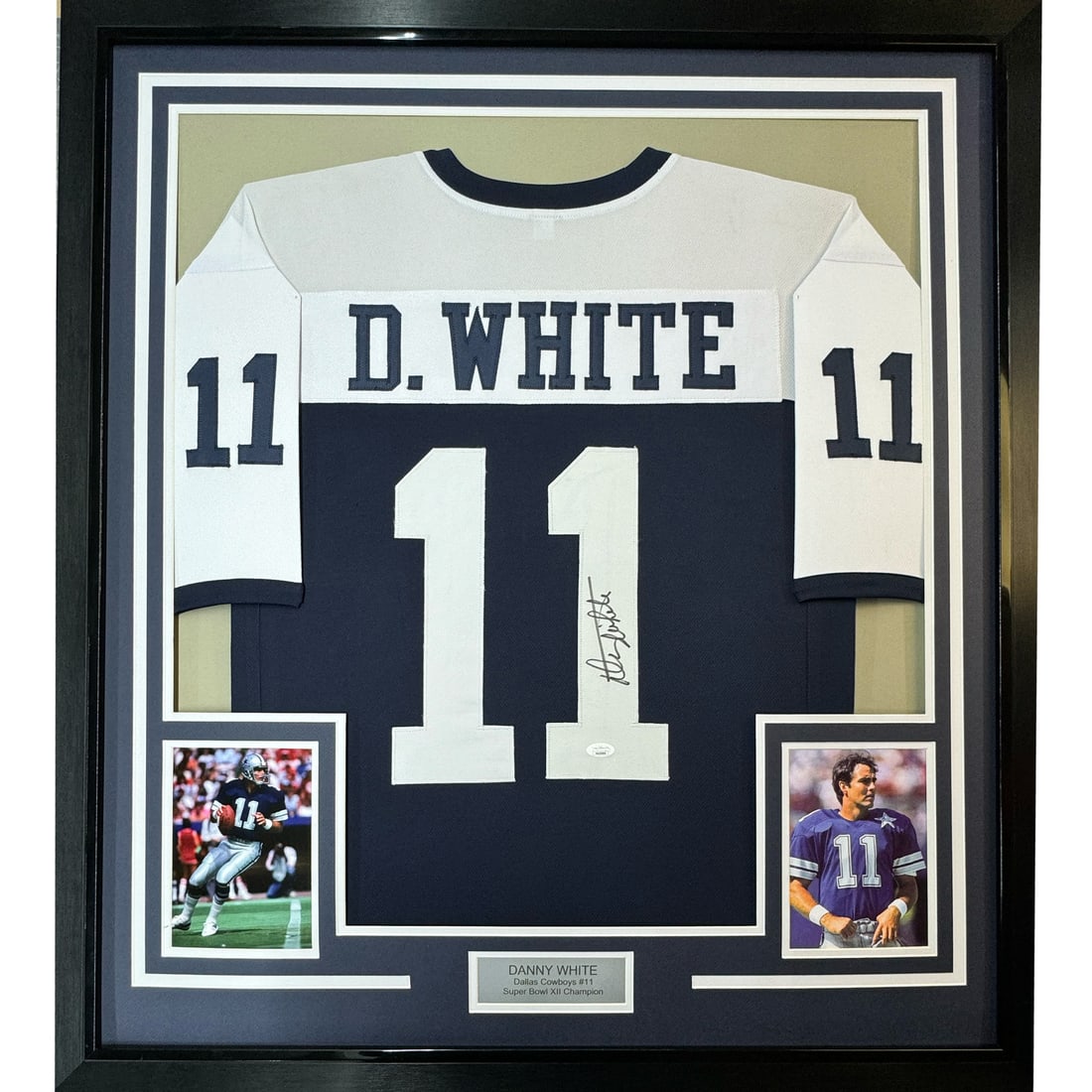 Framed Danny White Autographed Dallas Cowboys Jersey with JSA COA: Framed Danny White Autographed Dallas Cowboys Jersey with JSA COA Showcase your passion for football with this professionally framed and autographed Dallas Cowboys jersey by Danny White. This original