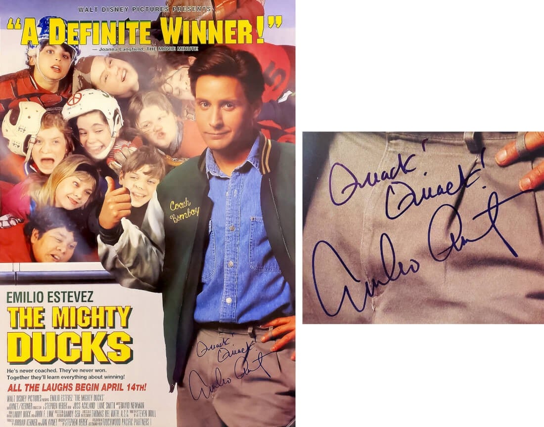 Emilio Estevez Signed The Mighty Ducks 27x40 Poster with Quack Inscription (1 of 1)