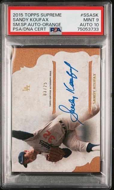 Sandy Koufax 2015 Topps Supreme Orange #SSASK PSA 10 Auto 03/25: Sandy Koufax 2015 Topps Supreme Orange #SSASK PSA 10 Auto 03/25 This is a 2015 Topps Supreme Sandy Koufax baseball card, featuring the legendary pitcher of the Los Angeles Dodgers. The card is a limit