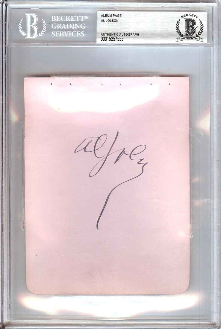 Al Jolson Cut Signature Autographed Music Memorabilia Beckett Authenticated 6x9: Al Jolson Cut Signature Autographed Music Memorabilia Beckett Authenticated 6x9 This is an original cut signature of legendary singer Al Jolson, authenticated and encased by Beckett Authentication Ser