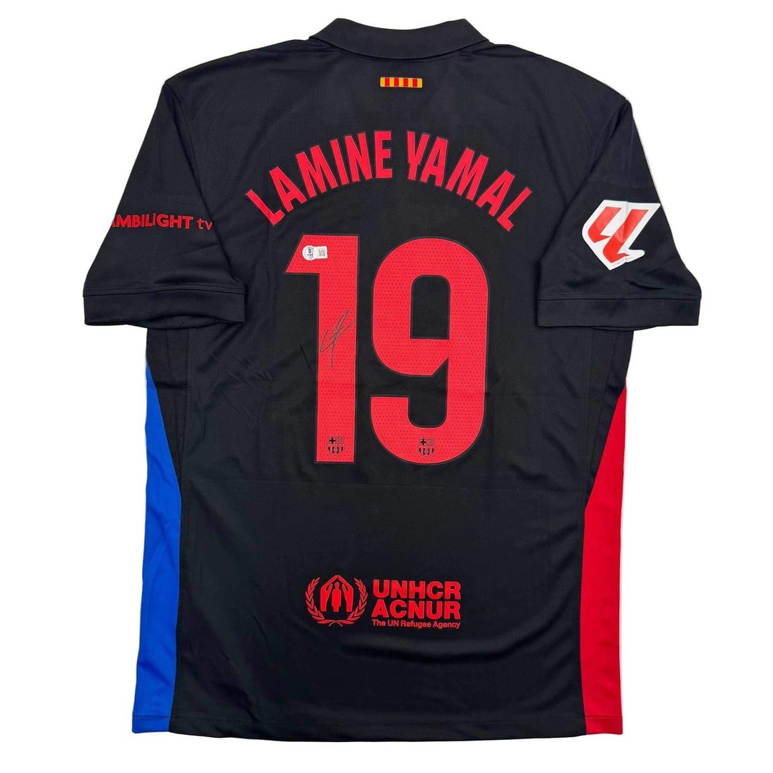 Lamine Yamal Autographed FC Barcelona Black Jersey Beckett COA: Lamine Yamal Autographed FC Barcelona Black Jersey Beckett COA Celebrate your passion for soccer with this authentic autographed Lamine Yamal FC Barcelona Black Soccer Jersey, complete with Beckett Gr