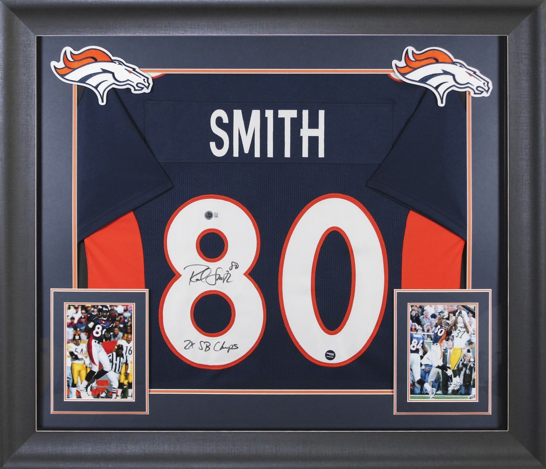 Framed Rod Smith Autographed Navy Jersey With 2x SB Champs Inscription BAS Witnessed: Framed Rod Smith Autographed Navy Jersey With 2x SB Champs Inscription BAS Witnessed This professionally framed navy pro style jersey features the authentic signature of Rod Smith, complete with the "