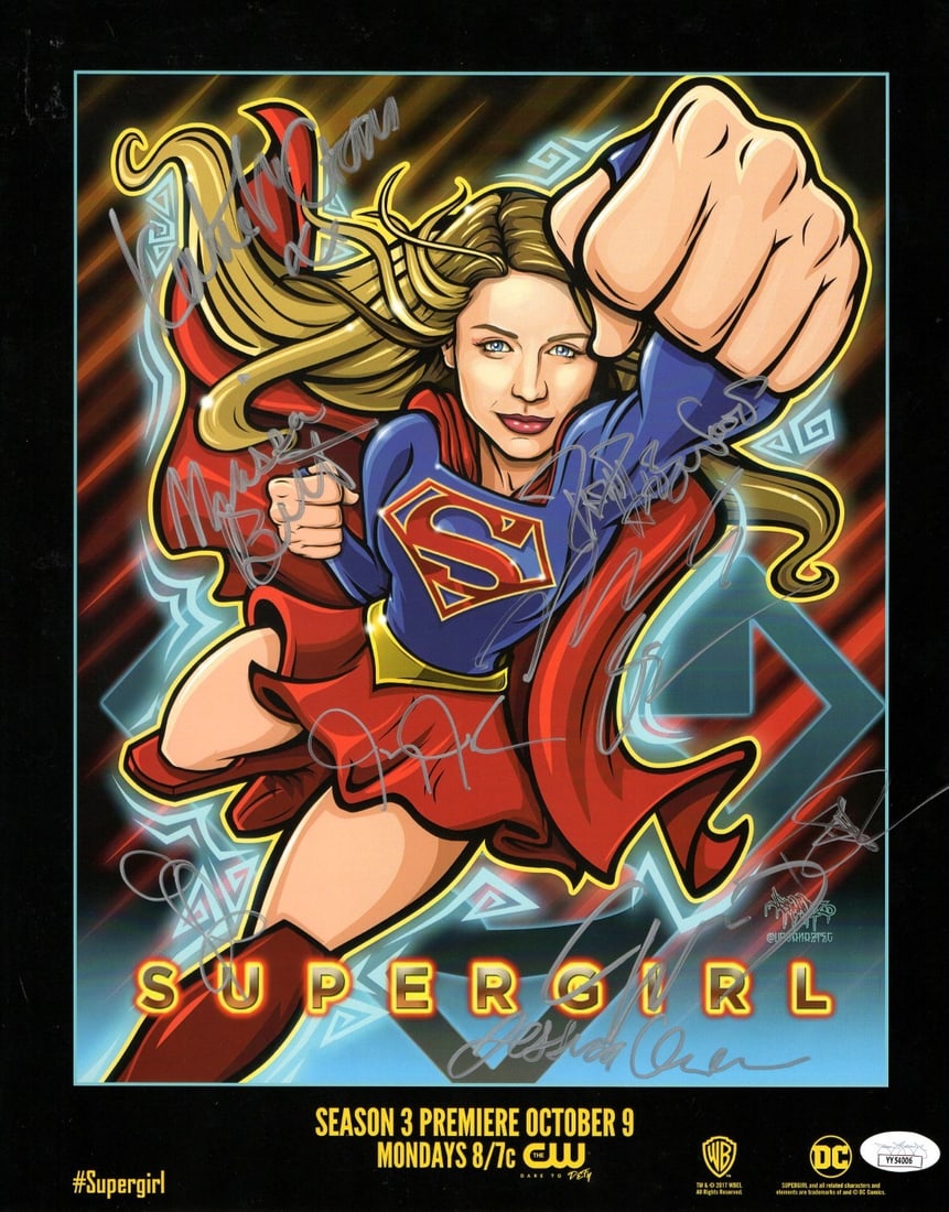 Supergirl 12X15 Poster Signed by Cast with 9 Autographs JSA Authenticated: Supergirl 12X15 Poster Signed by Cast with 9 Autographs JSA Authenticated This is a Supergirl cast autographed poster measuring 12x15 inches. The poster was signed at a past Comic-Con private event an